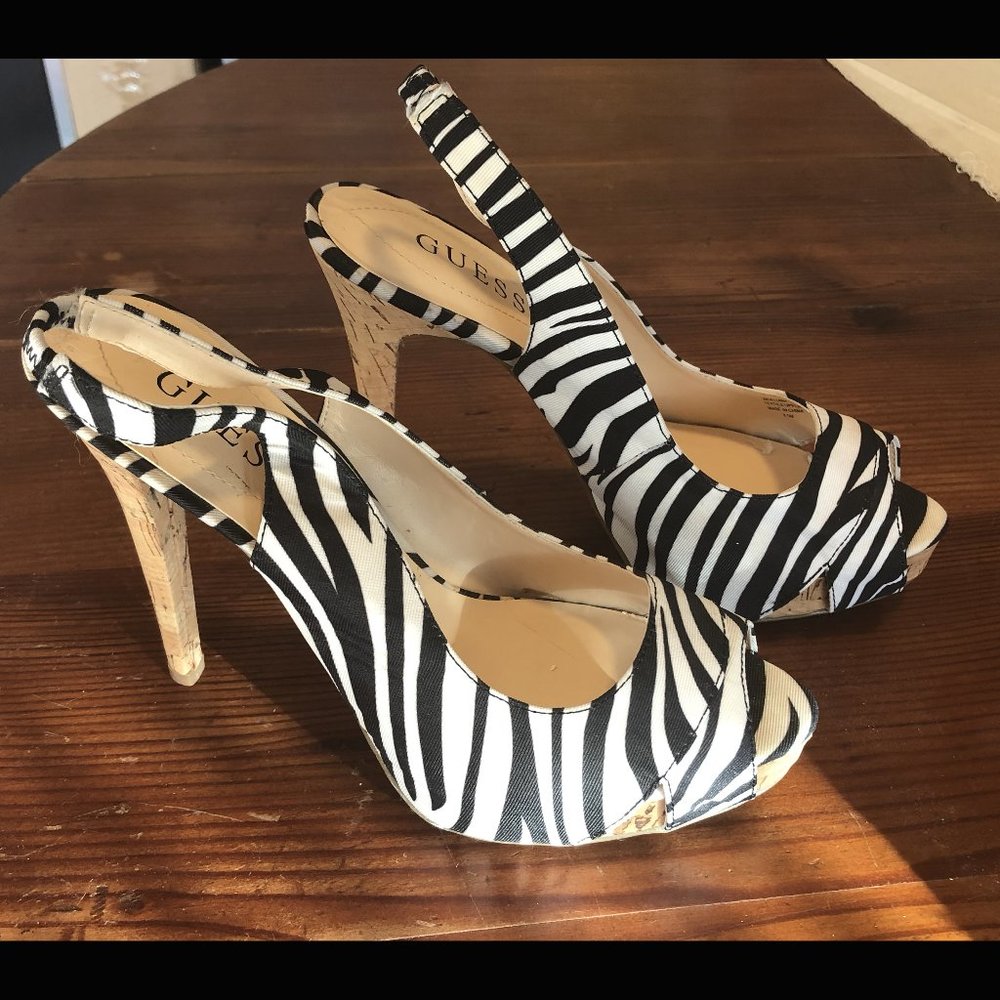 GUESS zebra peep-toe slingback heels 8.5 M